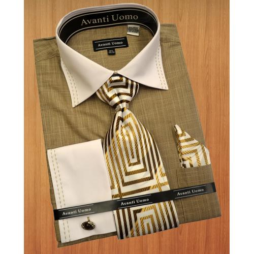 Avanti Uomo Beige With White / Tan Double Handpick Stitching Dress Shirt  / Tie / Hanky Set DN49M